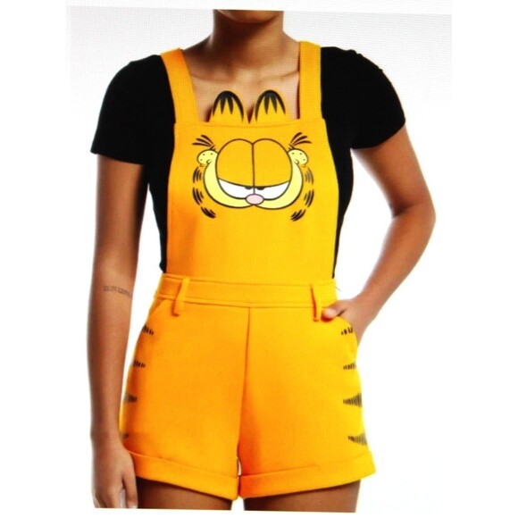 Hot Topic Nickelodeon Garfield Cat Face Orange Overall Shorts Suspenders Costume - Picture 2 of 16